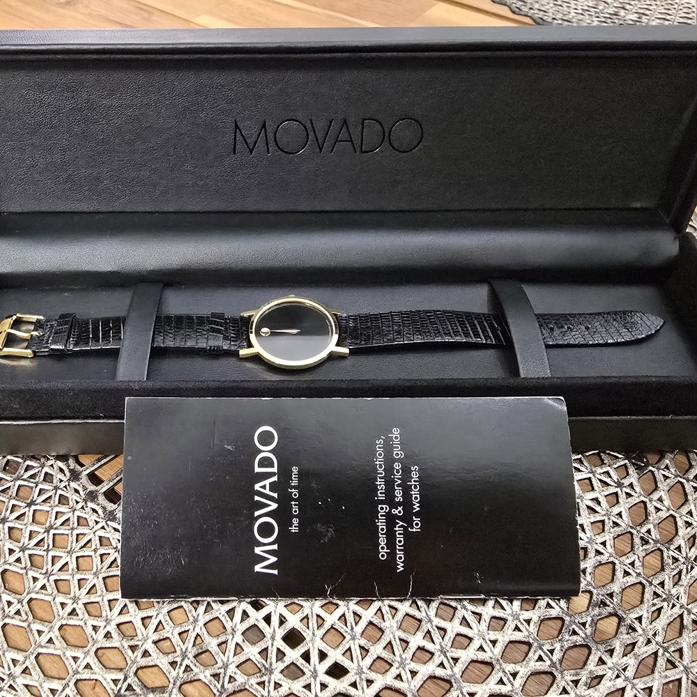 Movado Gold and Black Leather Watch